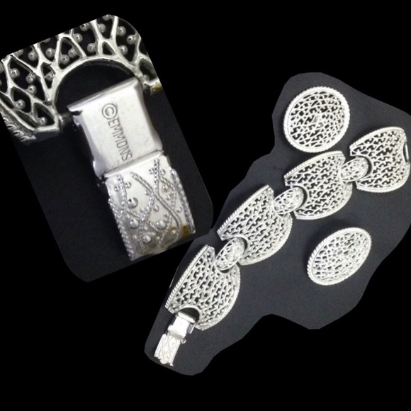 VTG Omate Emmons Silvertone Set Bracelet Clip-ons - Picture 1 of 11